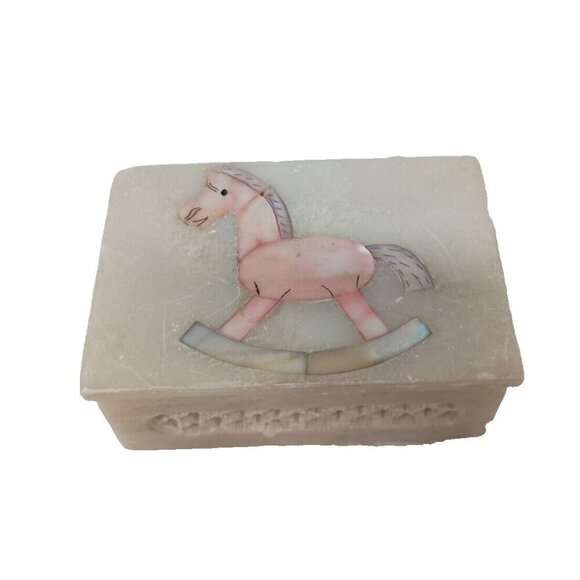 Vintage Carved Soap Stone Trinket Box Rocking Horse In Laid Mother Of Pearl Lid - Picture 1 of 12